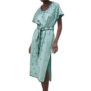 Zara Aqua Embroidered Short Sleeve Midi Dress w/ Belt Sz XL GS